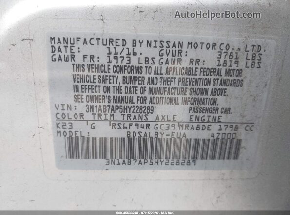 3N1AB7AP5HY228289 2017 NISSAN SENTRA Silver Вид підкапотного простору
