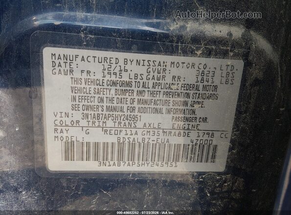 3N1AB7AP5HY245951 2017 NISSAN SENTRA Синий Вид подкапотного пространства