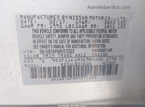 3N1AB7AP5HY272003 2017 NISSAN SENTRA Серебряный Вид подкапотного пространства