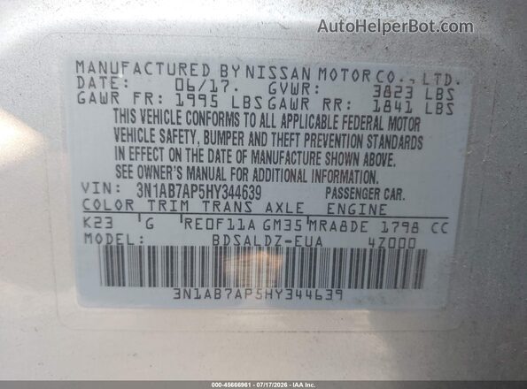 3N1AB7AP5HY344639 2017 NISSAN SENTRA Silver Շարժիչի բաժամունքի տեսք