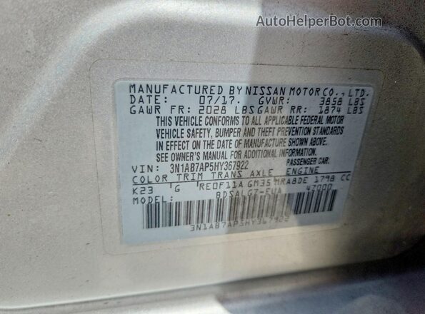 3N1AB7AP5HY367922 2017 NISSAN SENTRA Silver VIN კოდის სტიკერის ხედი