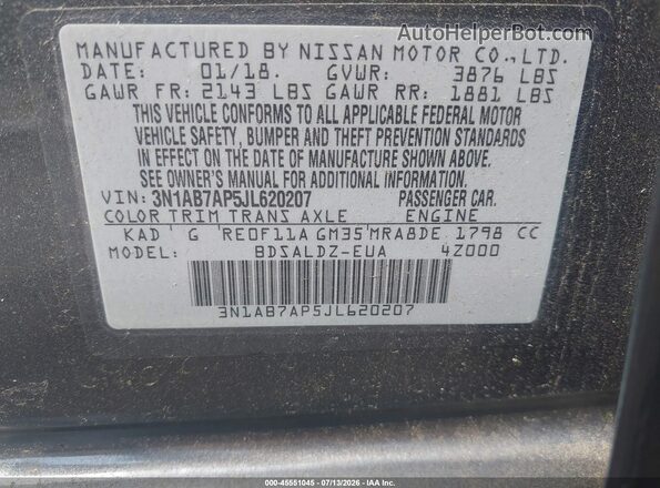 3N1AB7AP5JL620207 2018 NISSAN SENTRA Gray ძრავის განყოფილების ხედი
