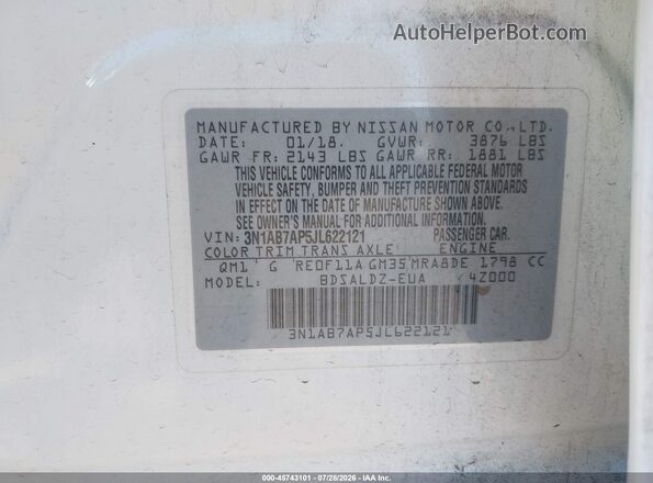 3N1AB7AP5JL622121 2018 NISSAN SENTRA Белый Вид подкапотного пространства