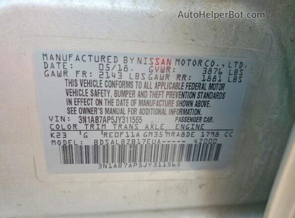 3N1AB7AP5JY311565 2018 NISSAN SENTRA Silver Вид наклейки з VIN-кодом