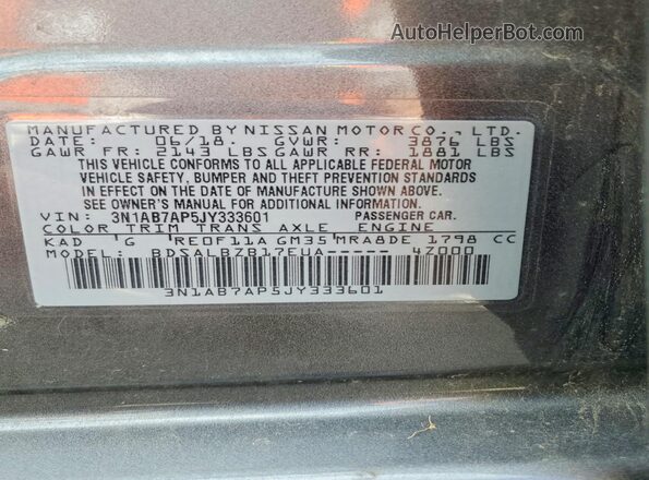 3N1AB7AP5JY333601 2018 NISSAN SENTRA Серебряный Вид подкапотного пространства