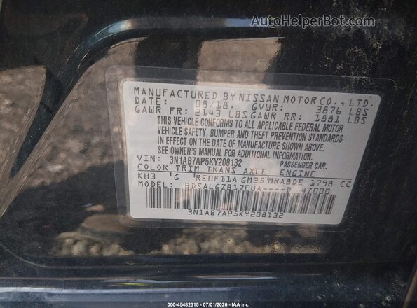 3N1AB7AP5KY208132 2019 NISSAN SENTRA Black Շարժիչի բաժամունքի տեսք