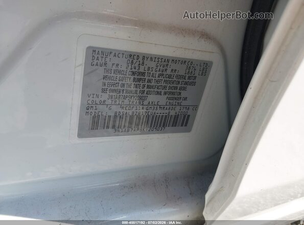 3N1AB7AP5KY209037 2019 NISSAN SENTRA White ძრავის განყოფილების ხედი