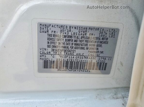 3N1AB7AP5KY242121 2019 NISSAN SENTRA White Widok naklejki z numerem VIN