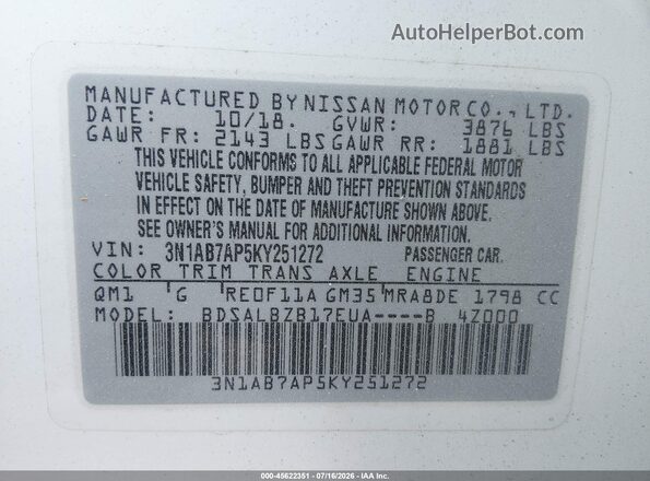 3N1AB7AP5KY251272 2019 NISSAN SENTRA White Շարժիչի բաժամունքի տեսք