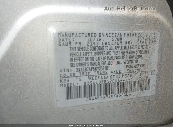 3N1AB7AP5KY252101 2019 NISSAN SENTRA Silver Շարժիչի բաժամունքի տեսք