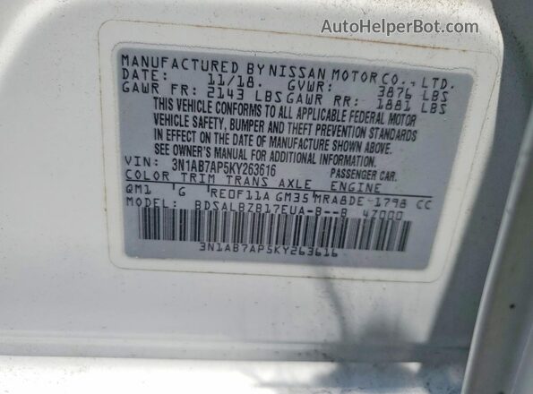 3N1AB7AP5KY263616 2019 NISSAN SENTRA White Widok komory silnika