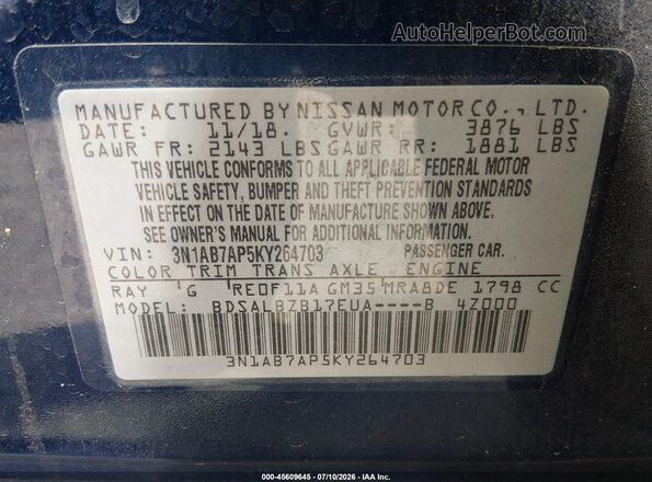 3N1AB7AP5KY264703 2019 NISSAN SENTRA Blue Вид підкапотного простору