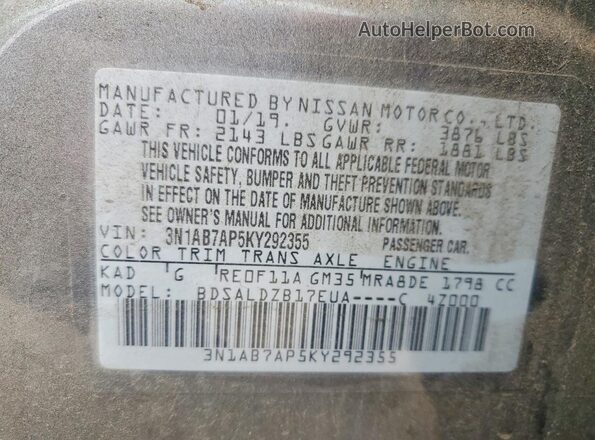 3N1AB7AP5KY292355 2019 NISSAN SENTRA Серый Вид наклейки с VIN-кодом