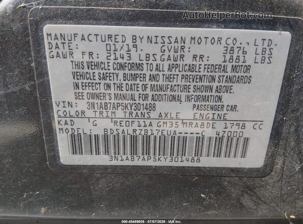 3N1AB7AP5KY301488 2019 NISSAN SENTRA Black ძრავის განყოფილების ხედი