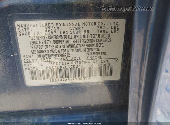 3N1AB7AP5KY309932 2019 NISSAN SENTRA Blue Widok komory silnika