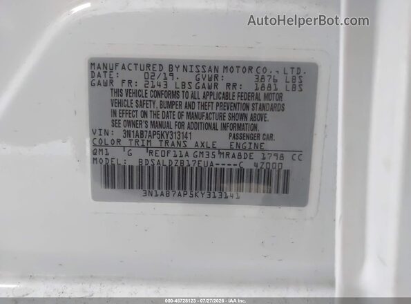 3N1AB7AP5KY313141 2019 NISSAN SENTRA White Engine compartment view
