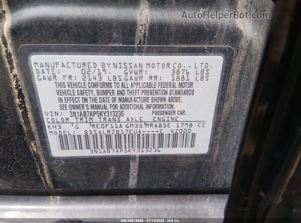 3N1AB7AP5KY313236 2019 NISSAN SENTRA Black Vista del compartimento del motor