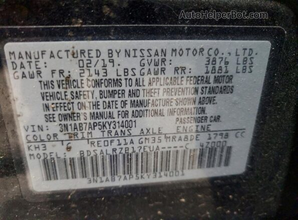 3N1AB7AP5KY314001 2019 NISSAN SENTRA Black Widok komory silnika