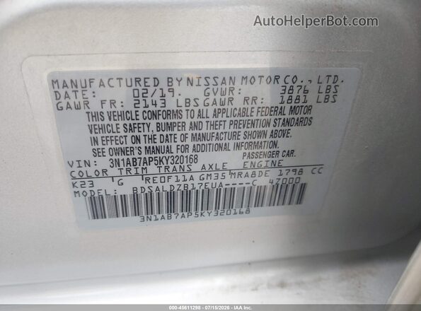3N1AB7AP5KY320168 2019 NISSAN SENTRA Silver Engine compartment view