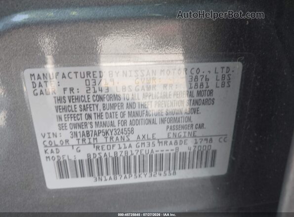 3N1AB7AP5KY324558 2019 NISSAN SENTRA Серый Вид подкапотного пространства