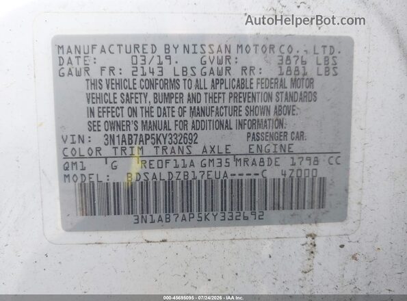 3N1AB7AP5KY332692 2019 NISSAN SENTRA White Շարժիչի բաժամունքի տեսք