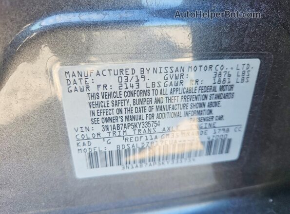3N1AB7AP5KY335754 2019 NISSAN SENTRA Gray Widok naklejki z numerem VIN