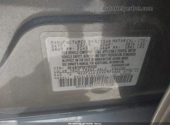 3N1AB7AP5KY365658 2019 NISSAN SENTRA Gray Вид підкапотного простору