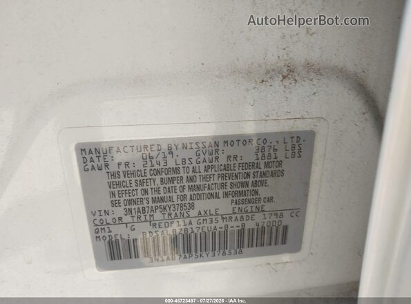 3N1AB7AP5KY378538 2019 NISSAN SENTRA White Engine compartment view