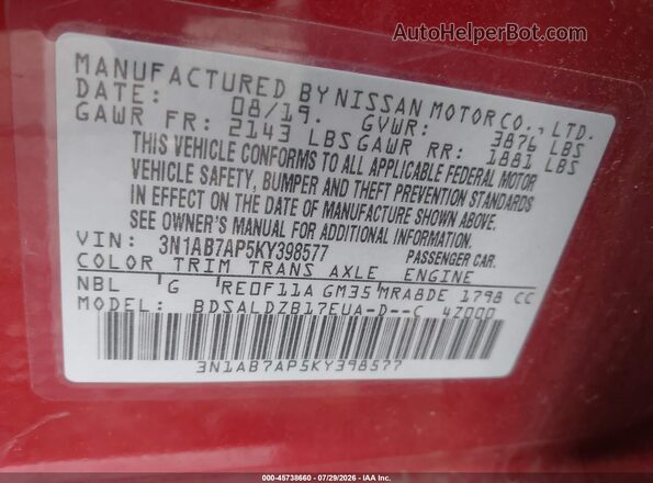 3N1AB7AP5KY398577 2019 NISSAN SENTRA Красный Вид подкапотного пространства
