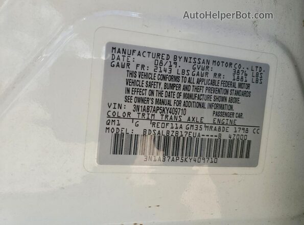 3N1AB7AP5KY409710 2019 NISSAN SENTRA White Շարժիչի բաժամունքի տեսք