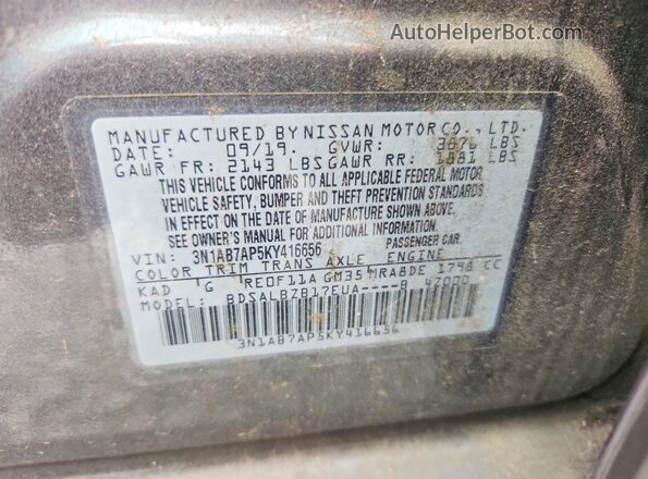 3N1AB7AP5KY416656 2019 NISSAN SENTRA Gray Շարժիչի բաժամունքի տեսք