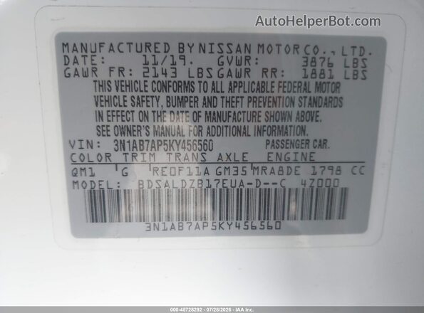 3N1AB7AP5KY456560 2019 NISSAN SENTRA White Շարժիչի բաժամունքի տեսք