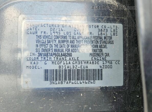 3N1AB7AP6GL646260 2016 NISSAN SENTRA Серый Вид подкапотного пространства