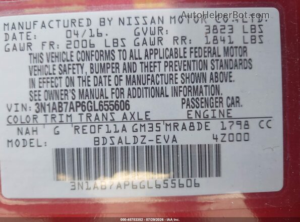 3N1AB7AP6GL655606 2016 NISSAN SENTRA Red ძრავის განყოფილების ხედი