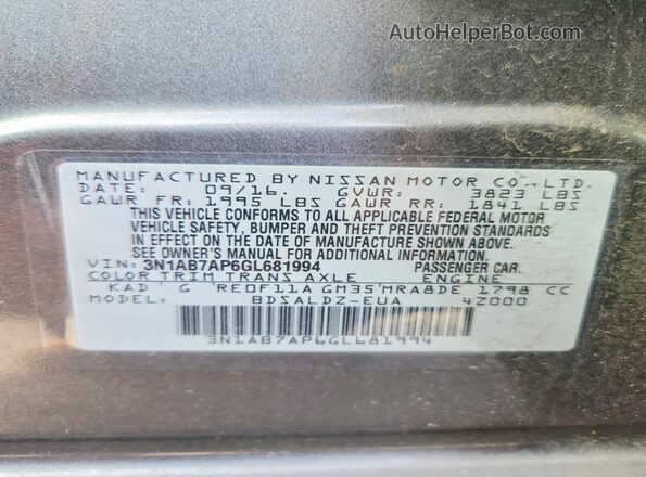 3N1AB7AP6GL681994 2016 NISSAN SENTRA Gray Вид наклейки з VIN-кодом
