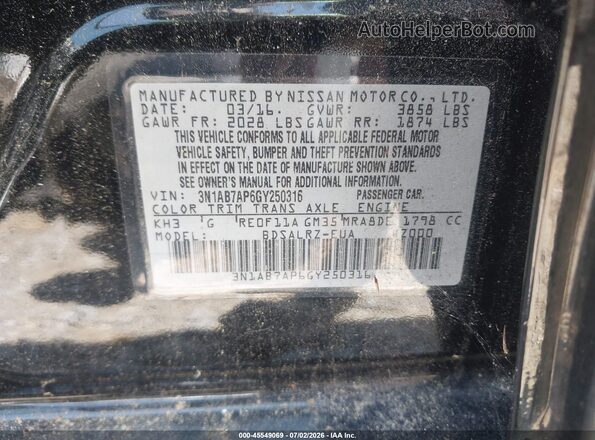 3N1AB7AP6GY250316 2016 NISSAN SENTRA Black ძრავის განყოფილების ხედი