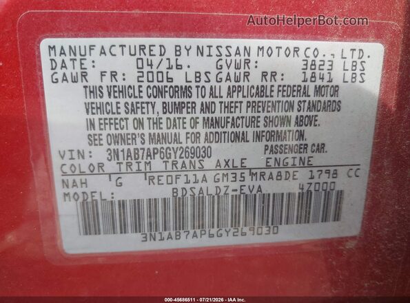 3N1AB7AP6GY269030 2016 NISSAN SENTRA Красный Вид подкапотного пространства