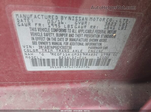 3N1AB7AP6GY283736 2016 NISSAN SENTRA Red Widok komory silnika