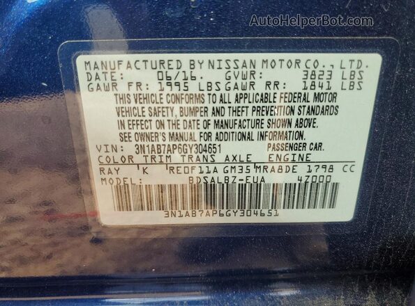 3N1AB7AP6GY304651 2016 NISSAN SENTRA Синий Вид подкапотного пространства