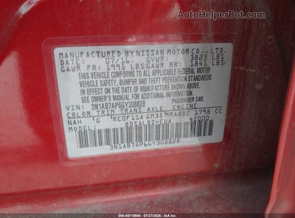 3N1AB7AP6GY308828 2016 NISSAN SENTRA Red Engine compartment view