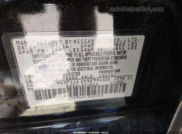 3N1AB7AP6GY310708 2016 NISSAN SENTRA Black ძრავის განყოფილების ხედი