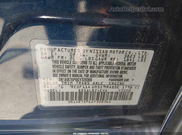 3N1AB7AP6GY328366 2016 NISSAN SENTRA Синий Вид подкапотного пространства
