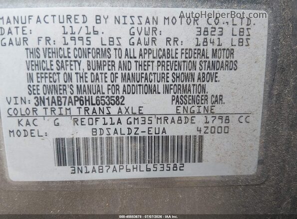 3N1AB7AP6HL653582 2017 NISSAN SENTRA Серый Вид подкапотного пространства