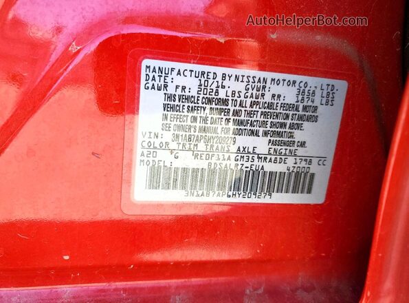 3N1AB7AP6HY209279 2017 NISSAN SENTRA Red Вид підкапотного простору