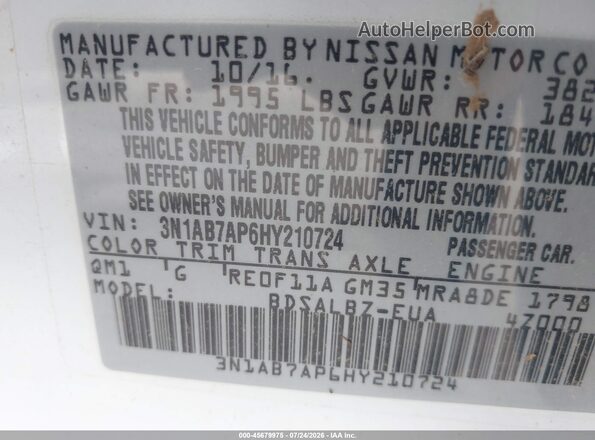 3N1AB7AP6HY210724 2017 NISSAN SENTRA White Engine compartment view
