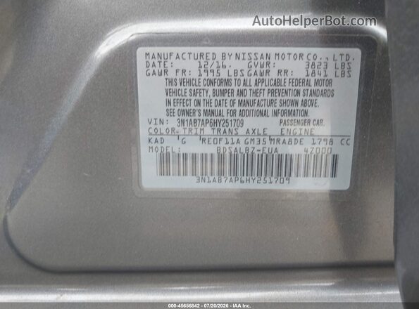3N1AB7AP6HY251709 2017 NISSAN SENTRA Gray Widok komory silnika