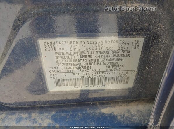 3N1AB7AP6HY287951 2017 NISSAN SENTRA Blue Vista del compartimento del motor