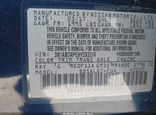 3N1AB7AP6HY293314 2017 NISSAN SENTRA Синий Вид подкапотного пространства