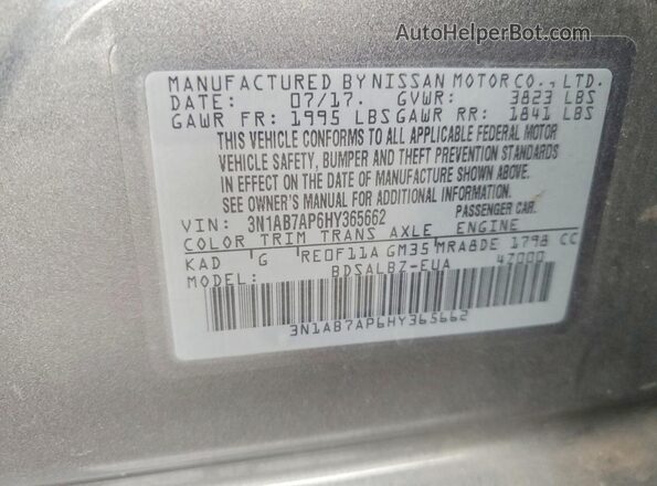 3N1AB7AP6HY365662 2017 NISSAN SENTRA Gray Շարժիչի բաժամունքի տեսք
