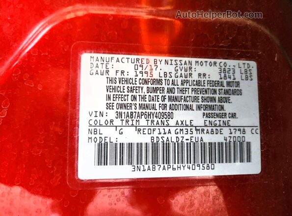 3N1AB7AP6HY409580 2017 NISSAN SENTRA Burgundy Vista de la etiqueta del VIN